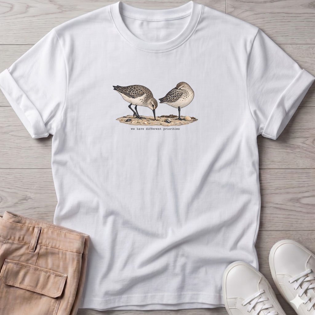 We Have Different Priorities Sandpipers T-Shirt in White, Salty Paws Soft Style T-Shirt, front design flat lay