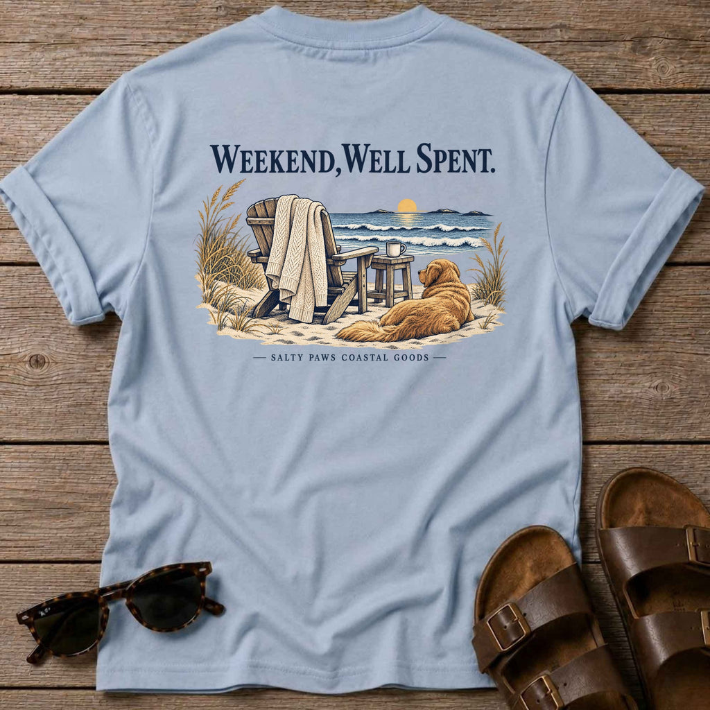 Weekend, Well Spent Back Design T-Shirt in Light Blue, back view