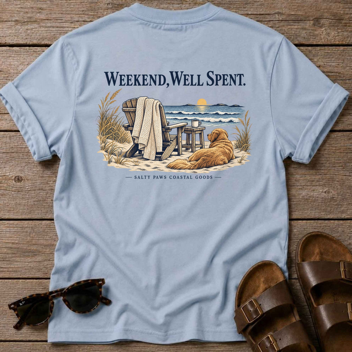 Weekend, Well Spent Back Design T-Shirt in Light Blue, back view