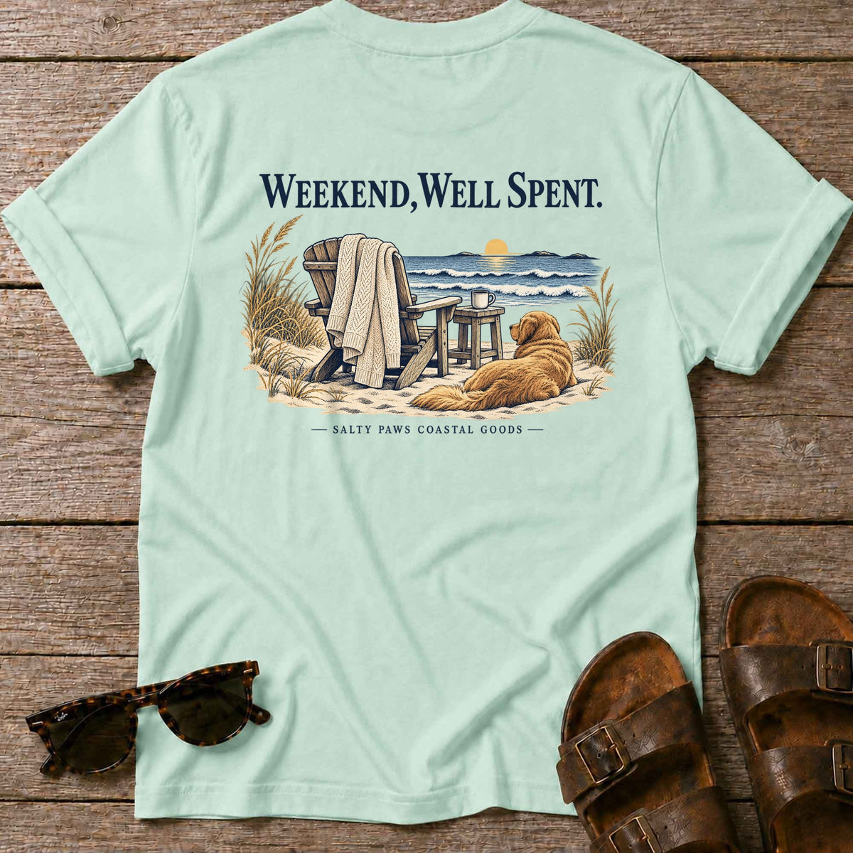 Weekend, Well Spent Back Design T-Shirt in Mint Green, back view
