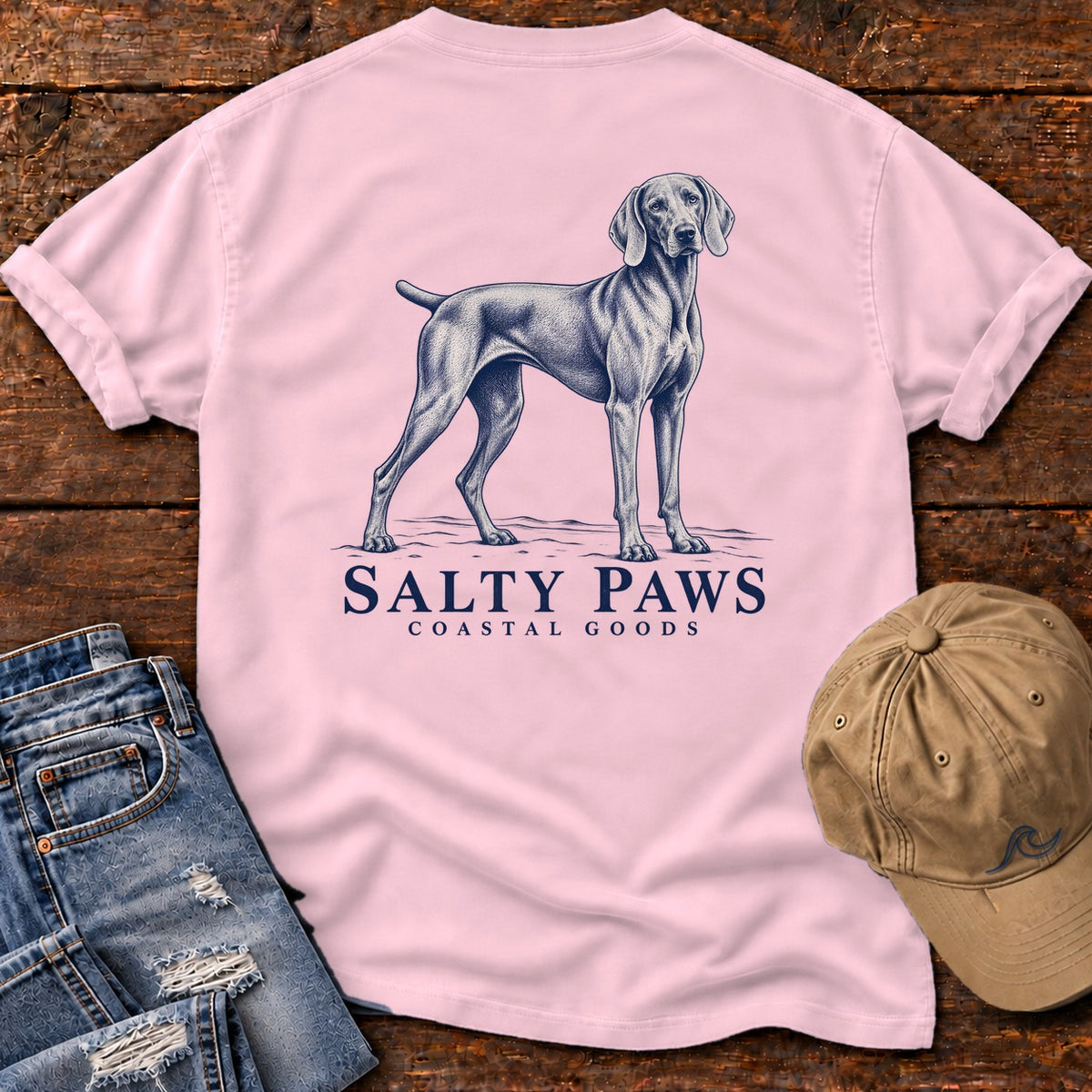 Weimaraner Coastal Goods Back Design T-Shirt in Blossom, Salty Paws Comfort Colors T-Shirt, back design flat lay
