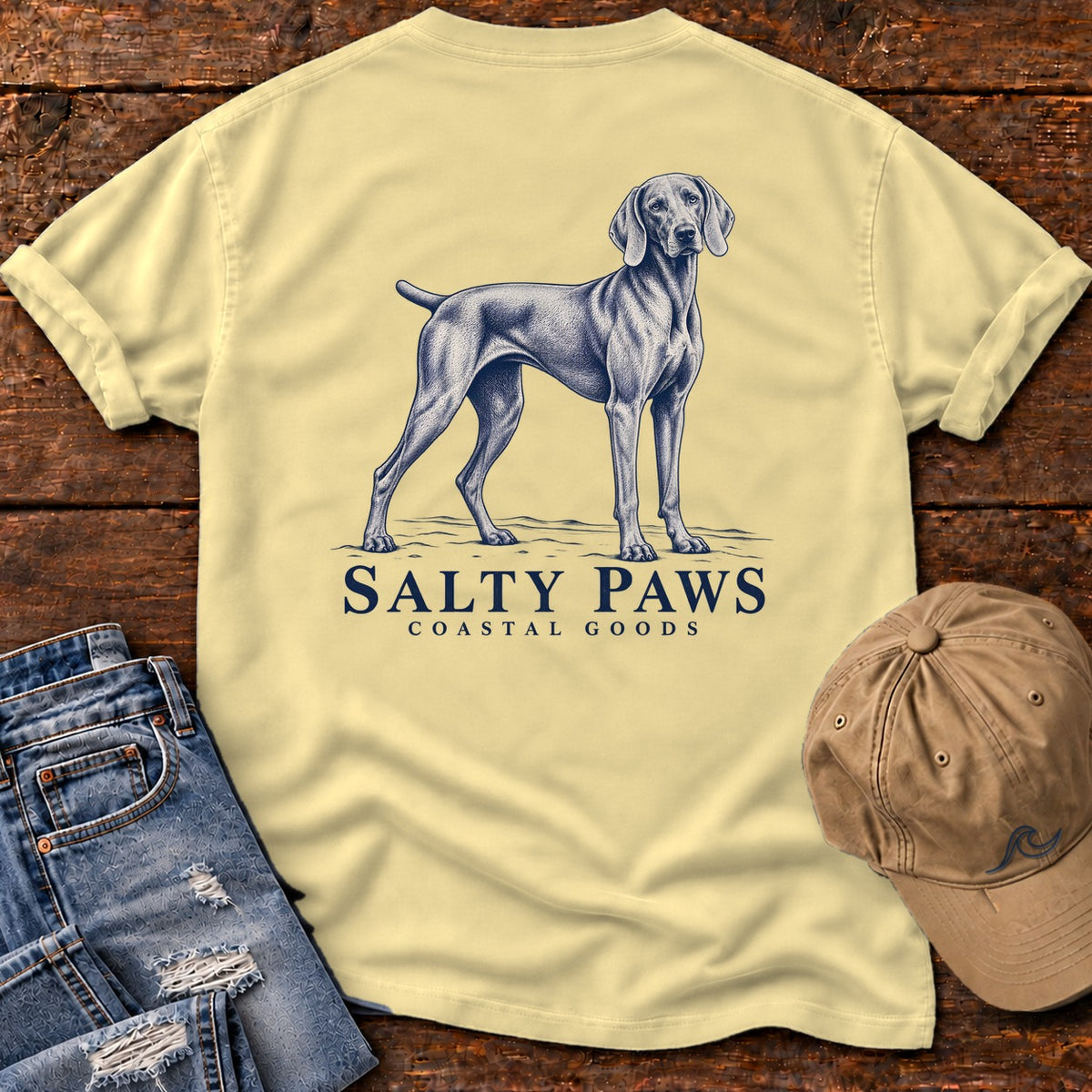 Weimaraner Coastal Goods Back Design T-Shirt in Butter, Salty Paws Comfort Colors T-Shirt, back design flat lay