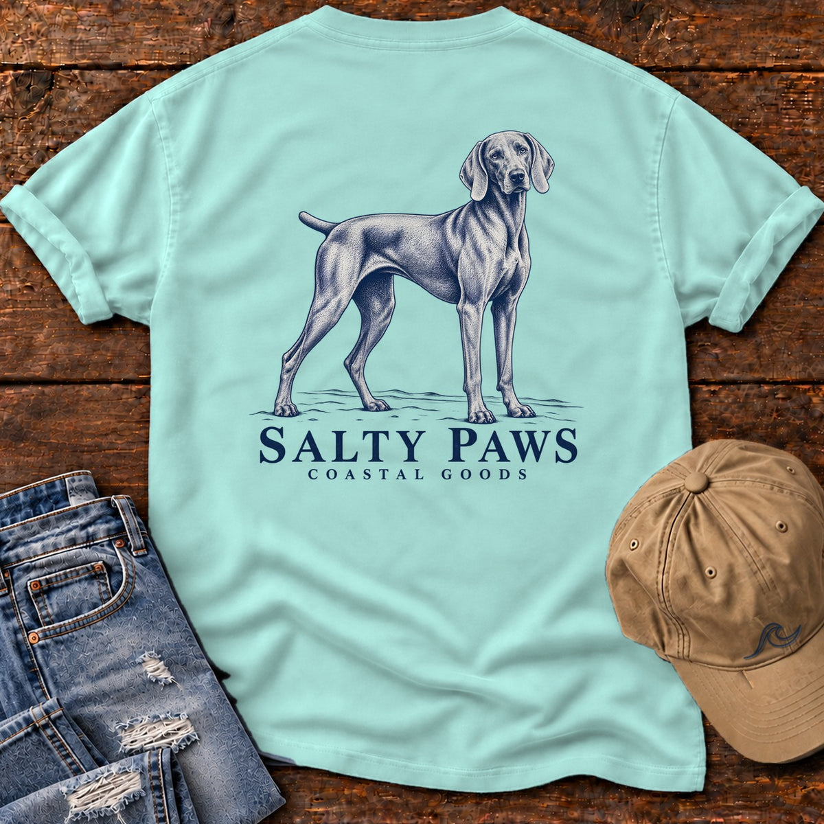 Weimaraner Coastal Goods Back Design T-Shirt in Chalky Mint, Salty Paws Comfort Colors T-Shirt, back design flat lay