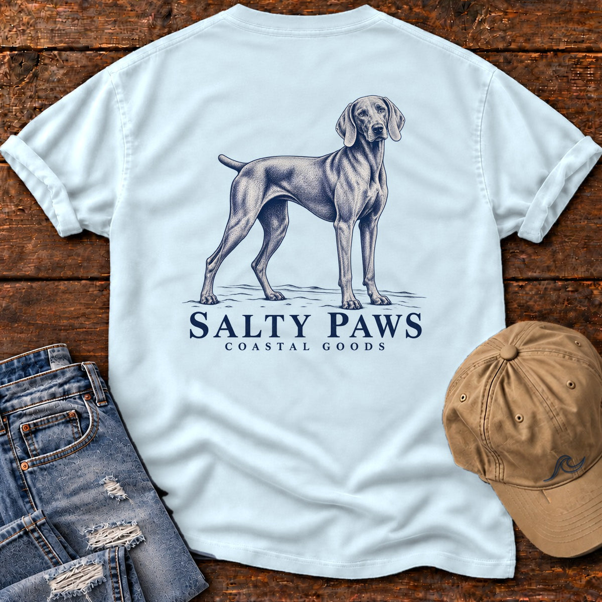 Weimaraner Coastal Goods Back Design T-Shirt in Chambray, Salty Paws Comfort Colors T-Shirt, back design flat lay