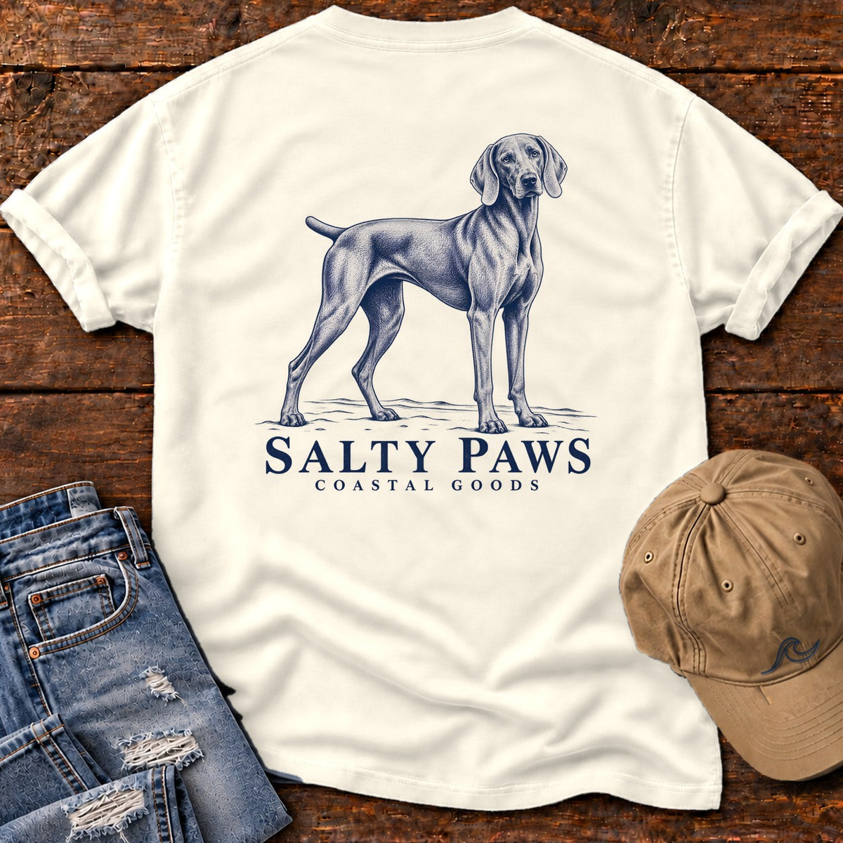 Weimaraner Coastal Goods Back Design T-Shirt in Ivory, Salty Paws Comfort Colors T-Shirt, back design flat lay