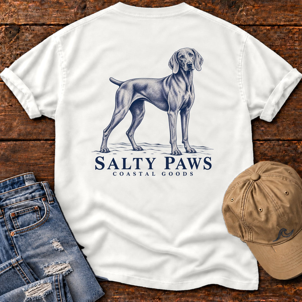 Weimaraner Coastal Goods Back Design T-Shirt in White, Salty Paws Comfort Colors T-Shirt, back design flat lay