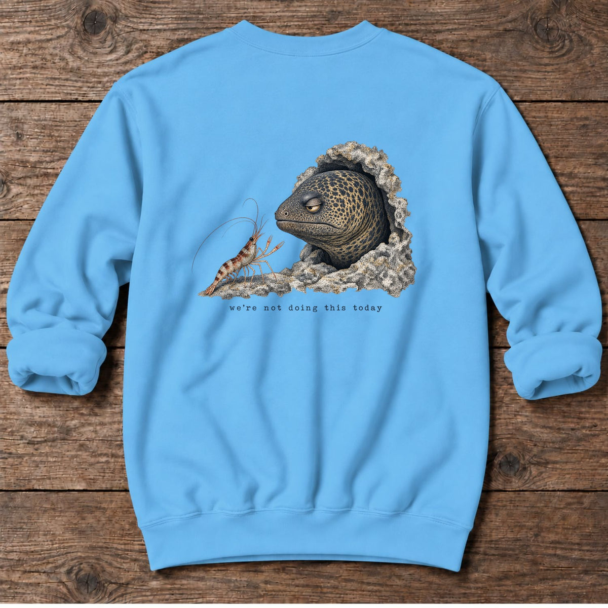 We're Not Doing This Today Moray Eel Back Design Midweight Sweatshirt in Sky, Salty Paws Midweight Sweatshirt, back design flat lay