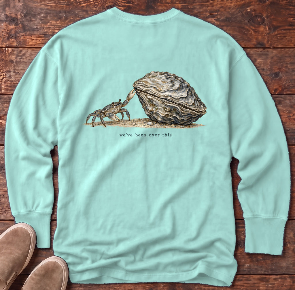 We've Been Over This Crab Back Design Long Sleeve Tee Comfort Colors in Chalky Mint, Salty Paws Comfort Colors Long Sleeve Tee, back design flat lay