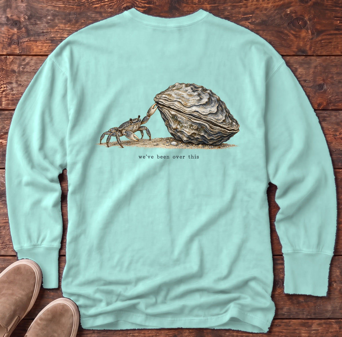 We've Been Over This Crab Back Design Long Sleeve Tee Comfort Colors in Chalky Mint, Salty Paws Comfort Colors Long Sleeve Tee, back design flat lay