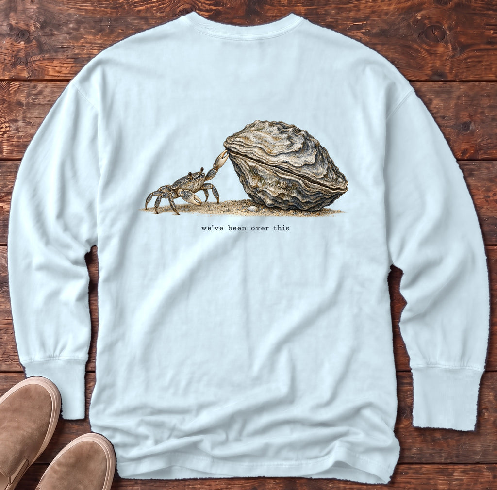 We've Been Over This Crab Back Design Long Sleeve Tee Comfort Colors in Chambray, Salty Paws Comfort Colors Long Sleeve Tee, back design flat lay