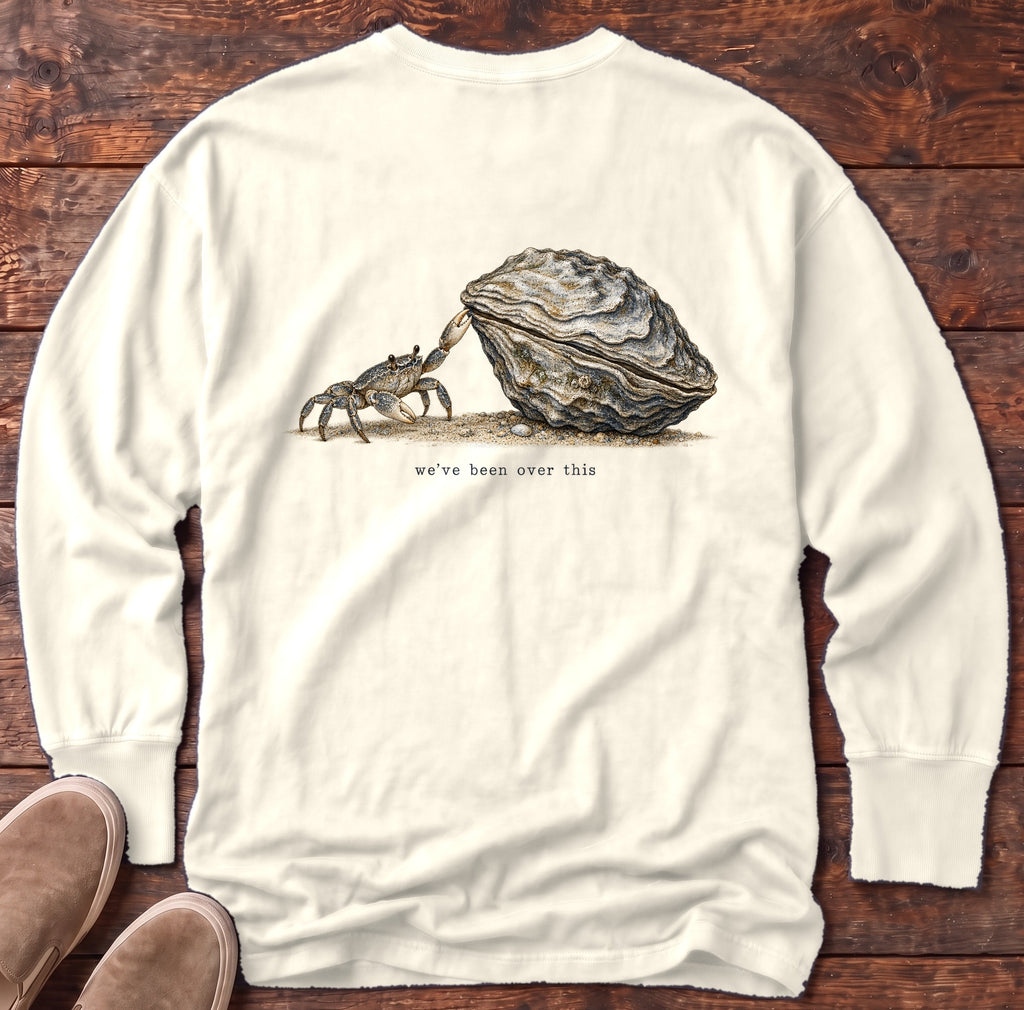 We've Been Over This Crab Back Design Long Sleeve Tee Comfort Colors in Ivory, Salty Paws Comfort Colors Long Sleeve Tee, back design flat lay