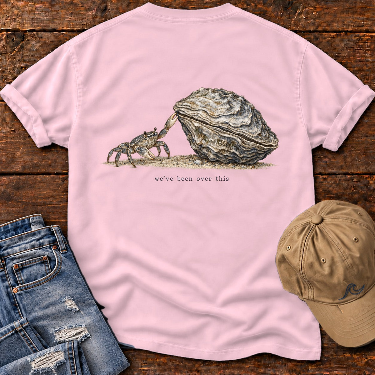 We've Been Over This Crab Back Design T-Shirt Comfort Colors in Blossom, Salty Paws Comfort Colors T-Shirt, back design flat lay