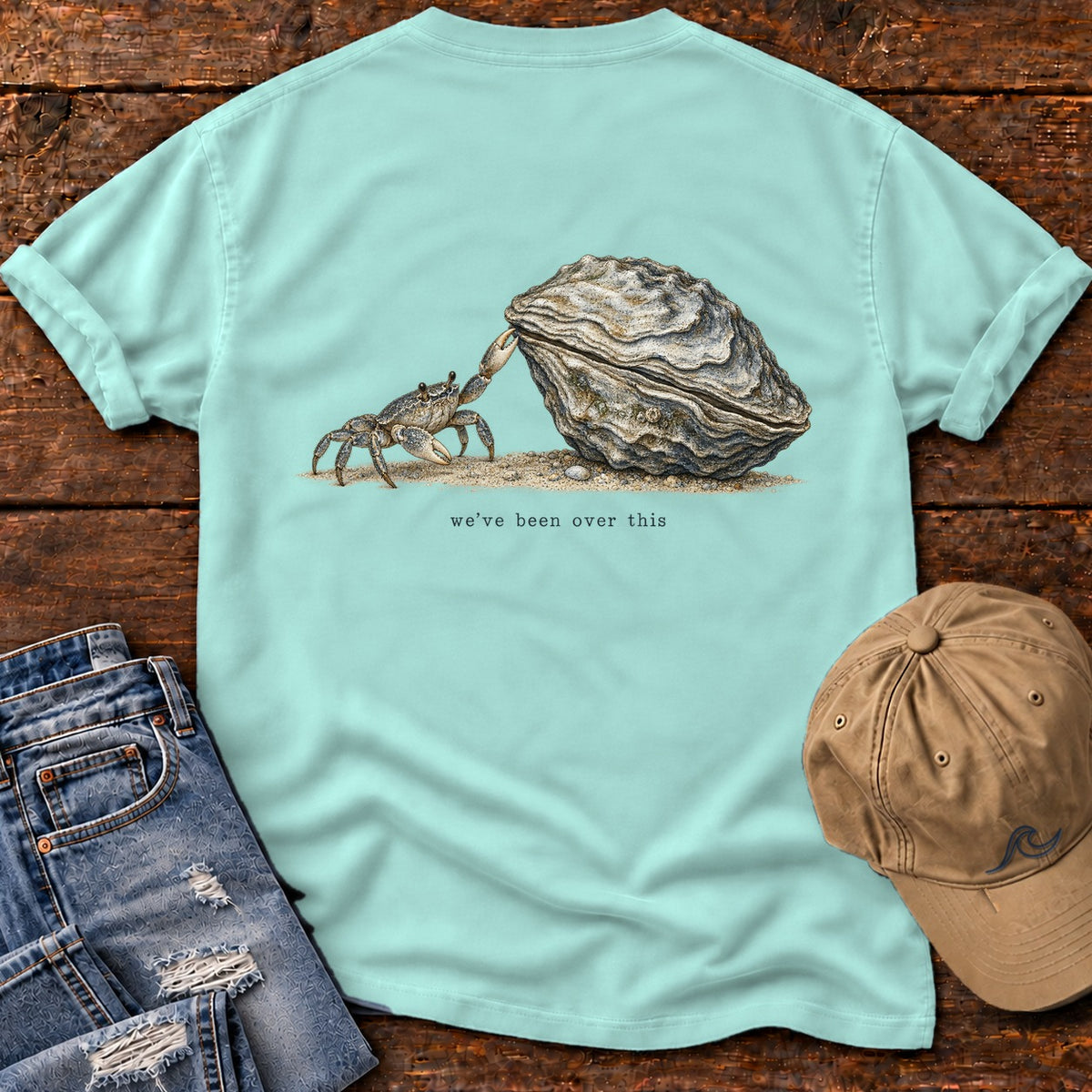 We've Been Over This Crab Back Design T-Shirt Comfort Colors in Chalky Mint, Salty Paws Comfort Colors T-Shirt, back design flat lay