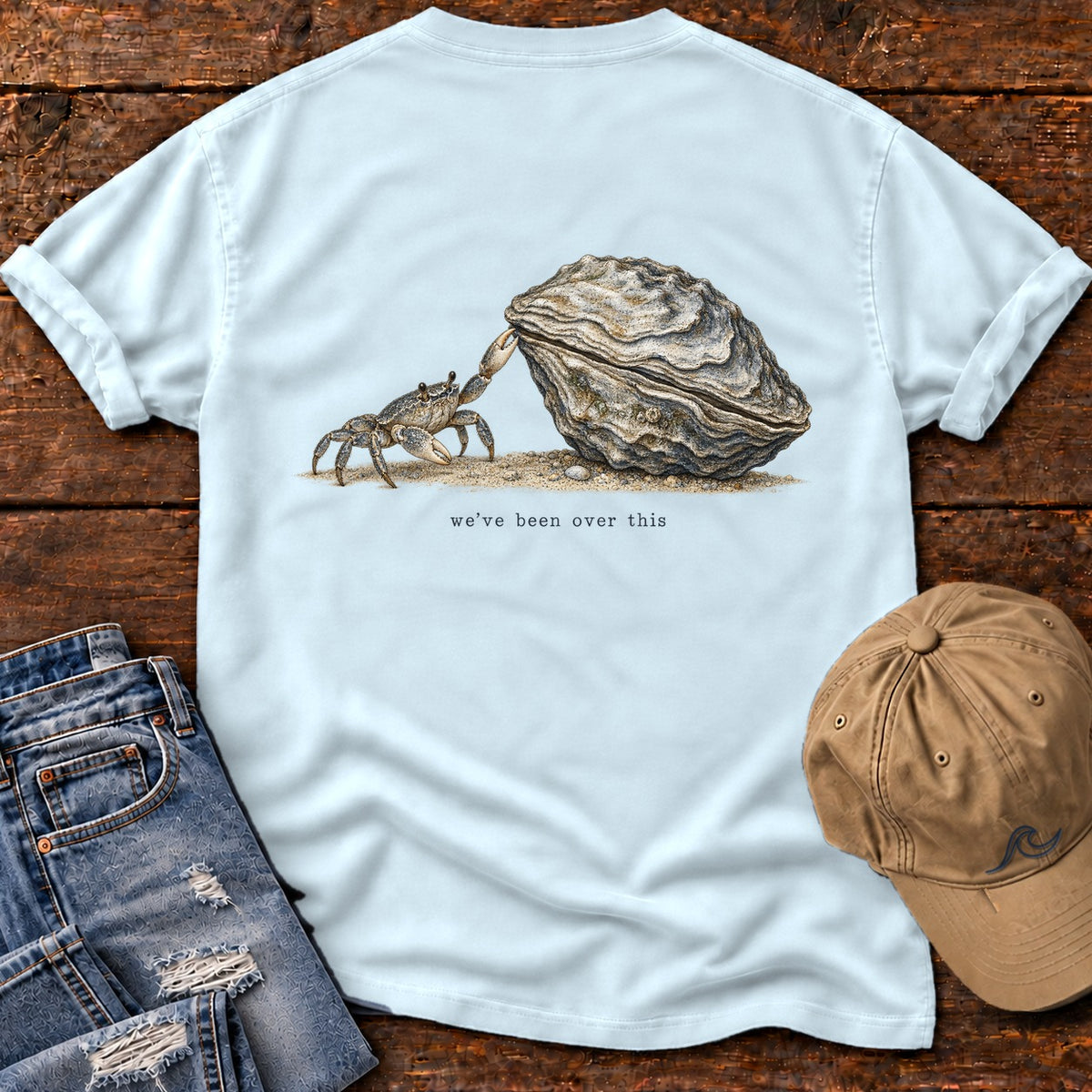 We've Been Over This Crab Back Design T-Shirt Comfort Colors in Chambray, Salty Paws Comfort Colors T-Shirt, back design flat lay