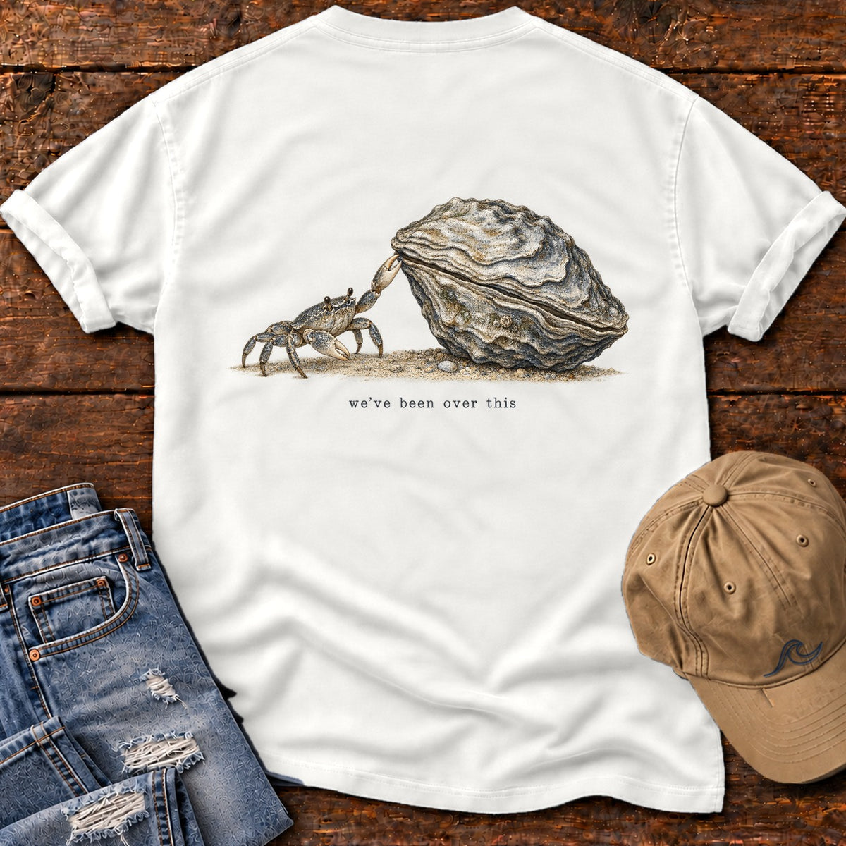 We've Been Over This Crab Back Design T-Shirt Comfort Colors in White, Salty Paws Comfort Colors T-Shirt, back design flat lay