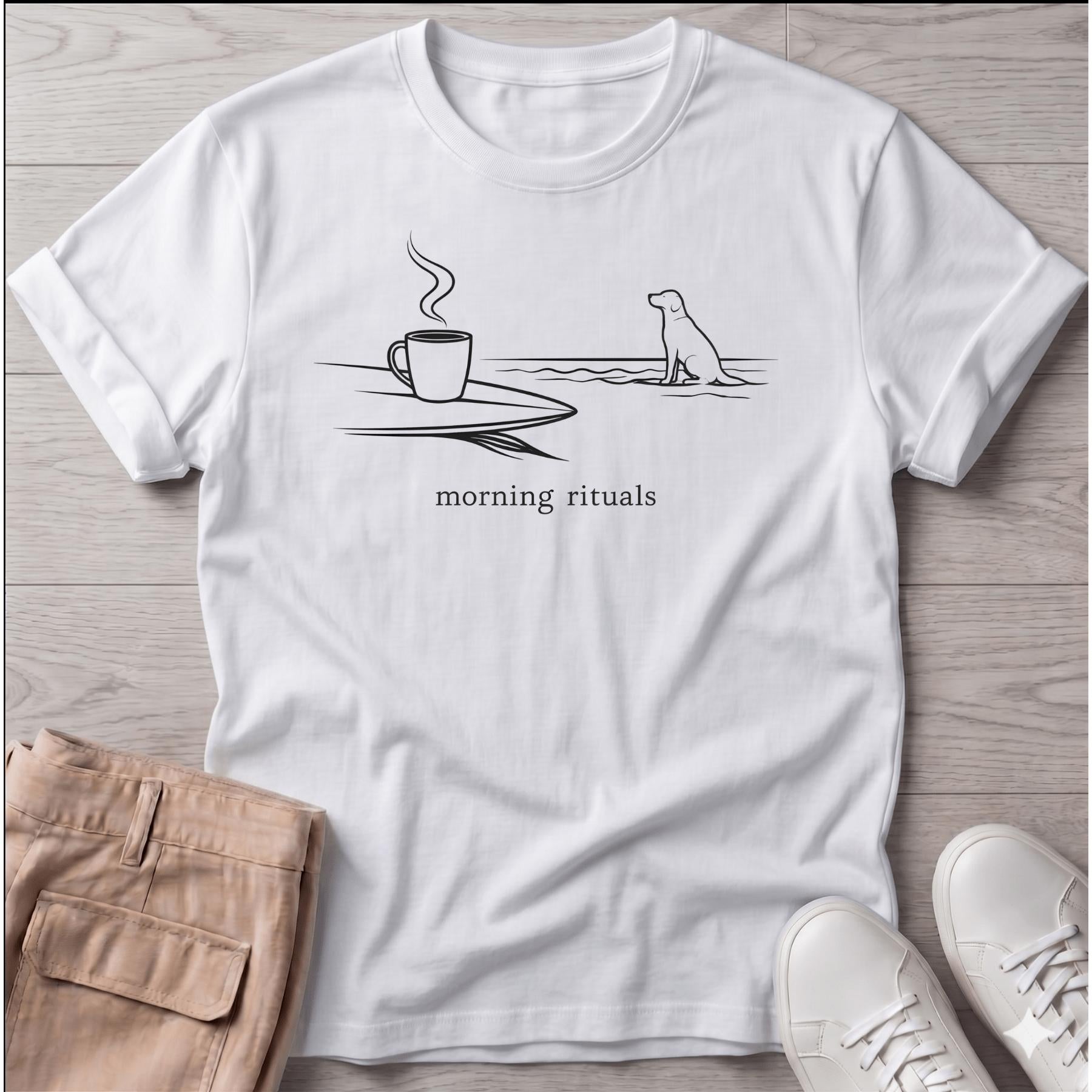 Morning Ritual Coffee Dog - coastal graphic t-shirt, Salty Paws