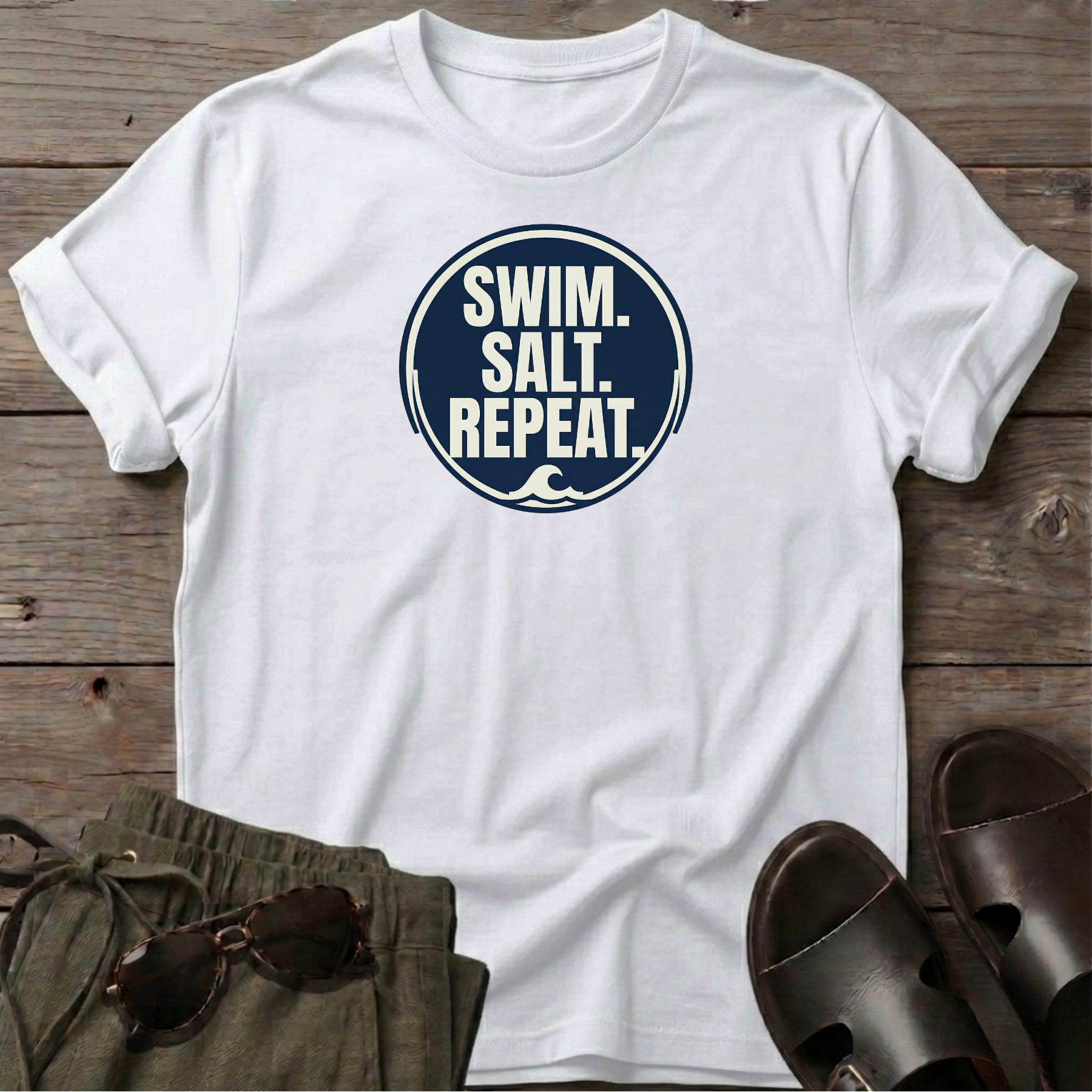 Swim Salt Repeat Beach Ocean Line Art Tee