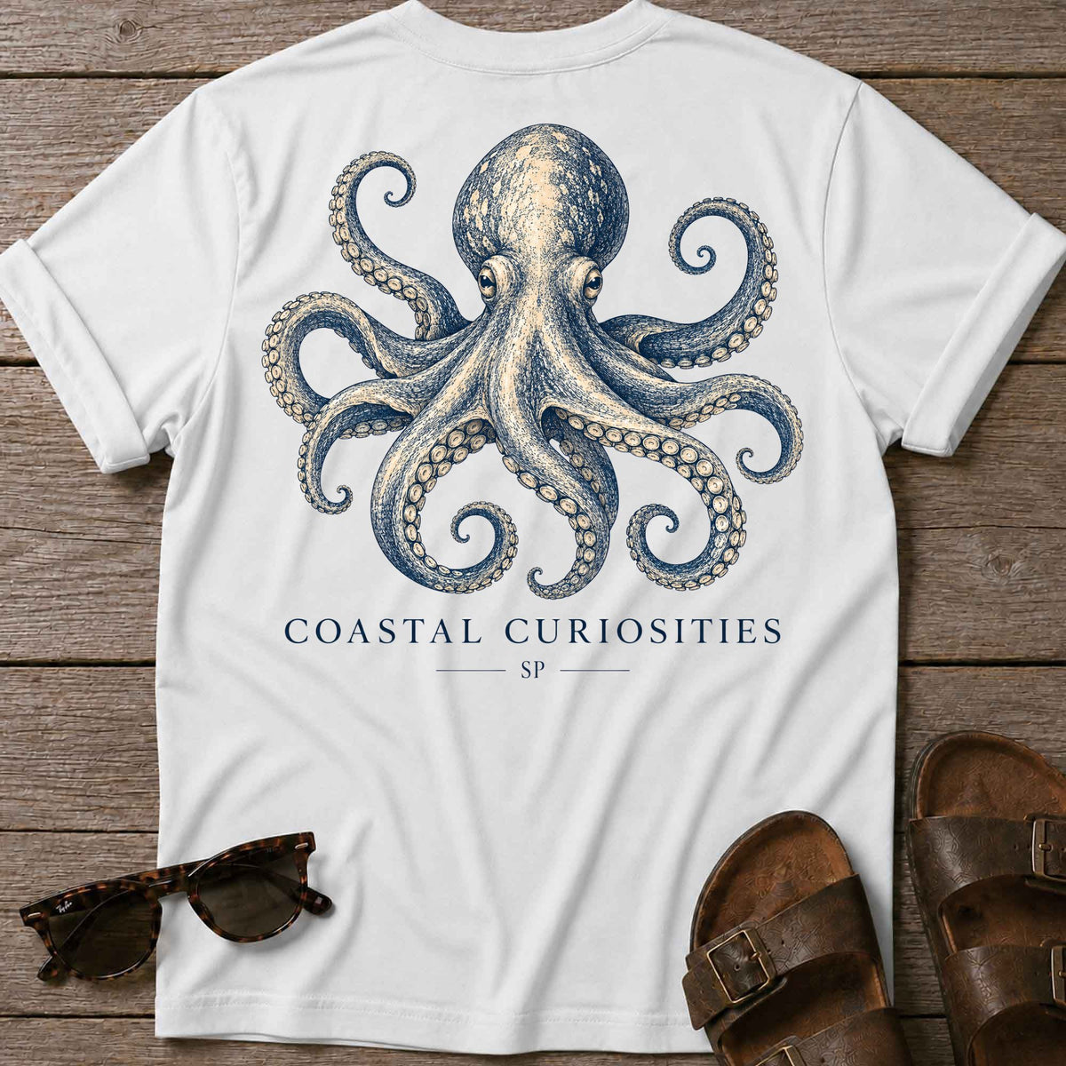 Curiosity Octopus T-Shirt in White, Salty Paws coastal t-shirt