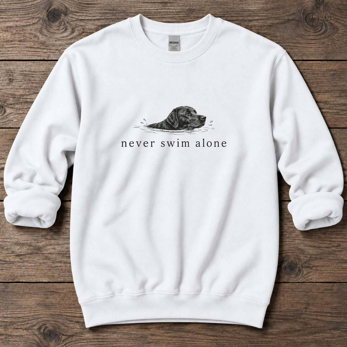 Never Swim Alone Midweight Sweatshirt in White, Salty Paws coastal sweatshirt