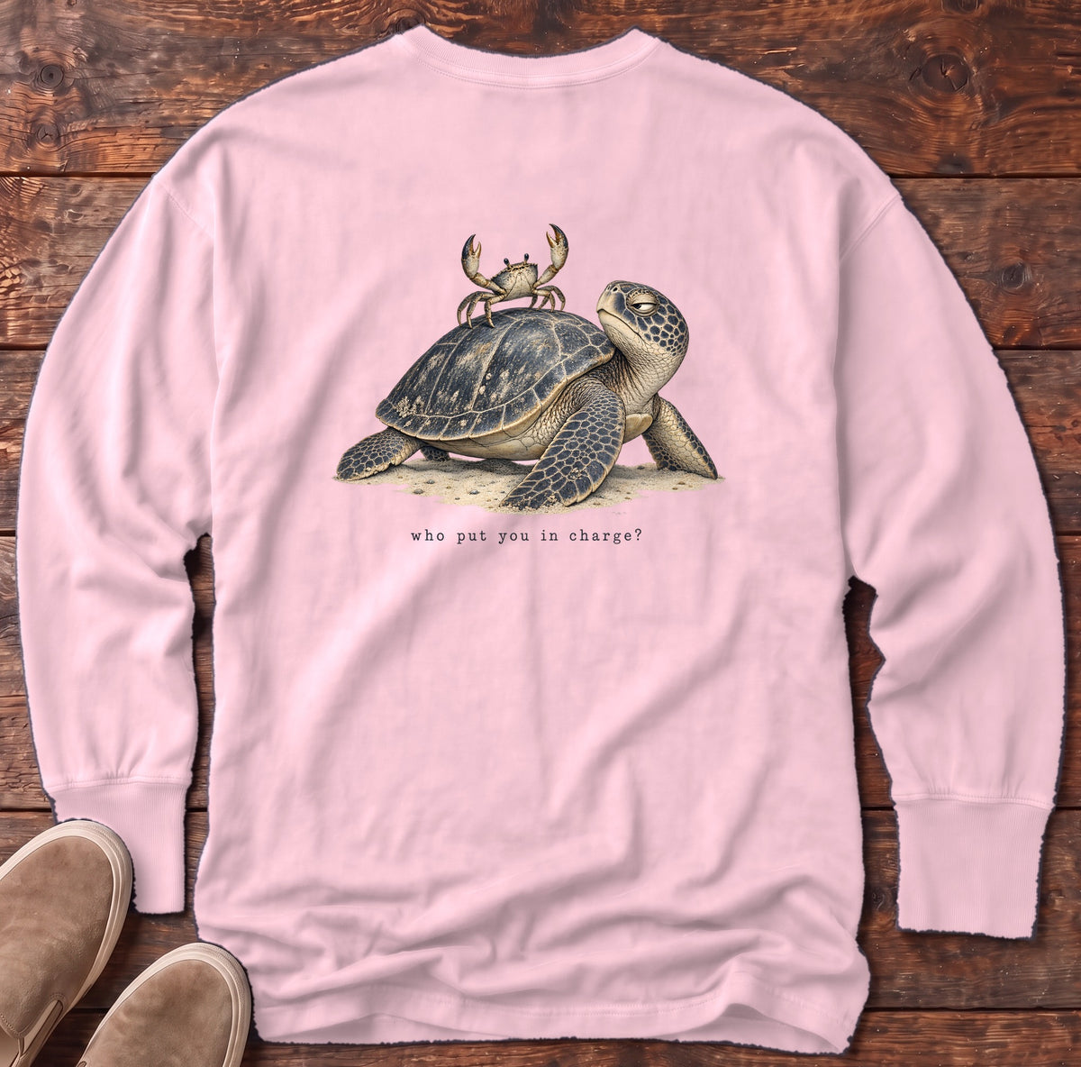 Who Put You in Charge? Sea Turtle Back Design Long Sleeve Tee Comfort Colors in Blossom, Salty Paws Comfort Colors Long Sleeve Tee, back design flat lay