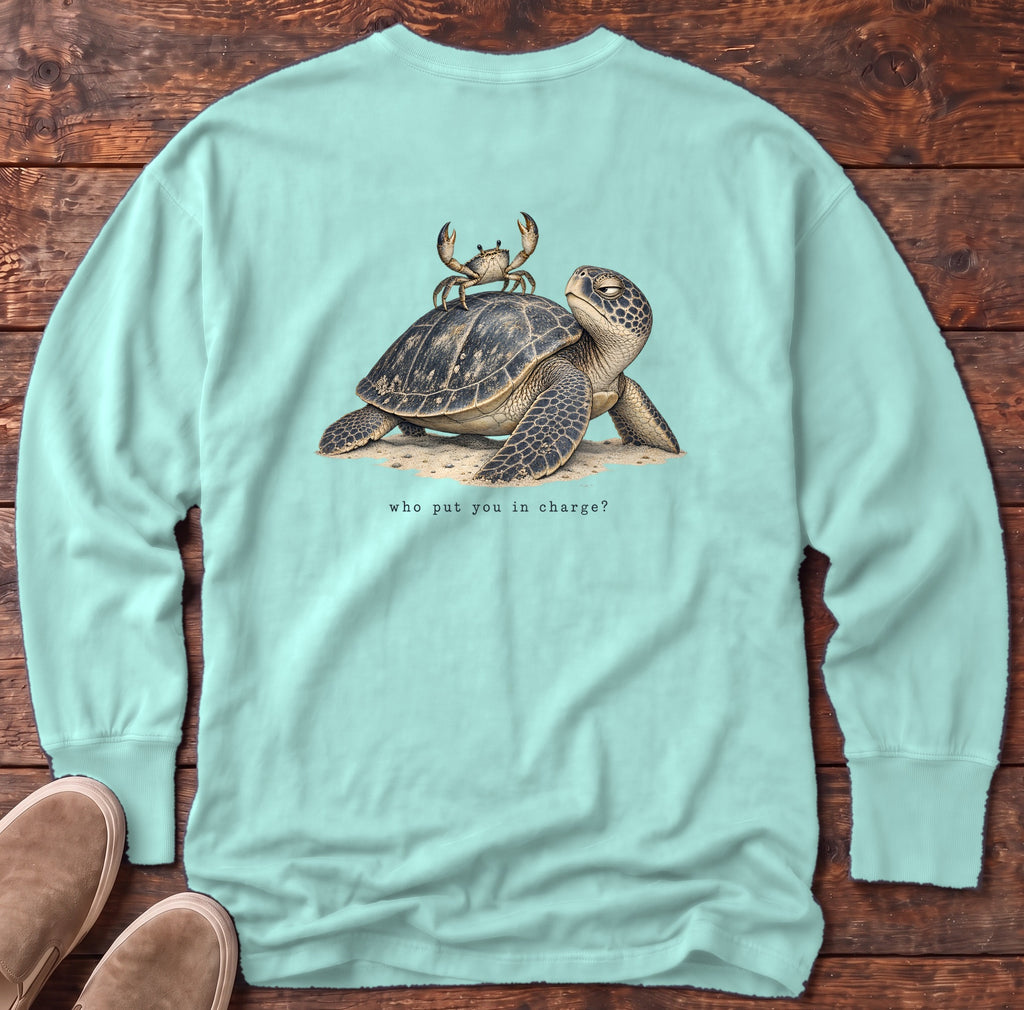 Who Put You in Charge? Sea Turtle Back Design Long Sleeve Tee Comfort Colors in Chalky Mint, Salty Paws Comfort Colors Long Sleeve Tee, back design flat lay