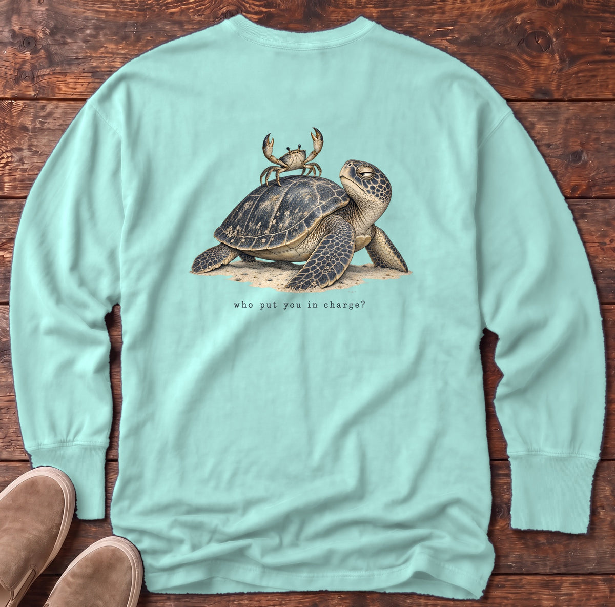 Who Put You in Charge? Sea Turtle Back Design Long Sleeve Tee Comfort Colors in Chalky Mint, Salty Paws Comfort Colors Long Sleeve Tee, back design flat lay