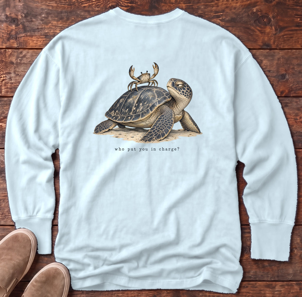 Who Put You in Charge? Sea Turtle Back Design Long Sleeve Tee Comfort Colors in Chambray, Salty Paws Comfort Colors Long Sleeve Tee, back design flat lay