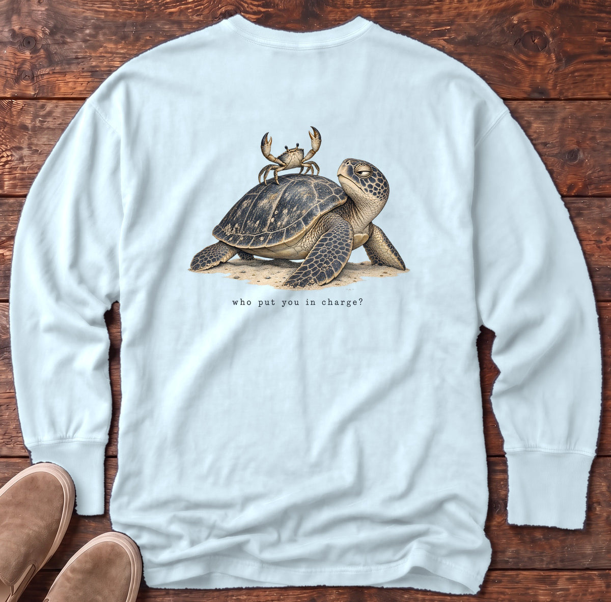 Who Put You in Charge? Sea Turtle Back Design Long Sleeve Tee Comfort Colors in Chambray, Salty Paws Comfort Colors Long Sleeve Tee, back design flat lay