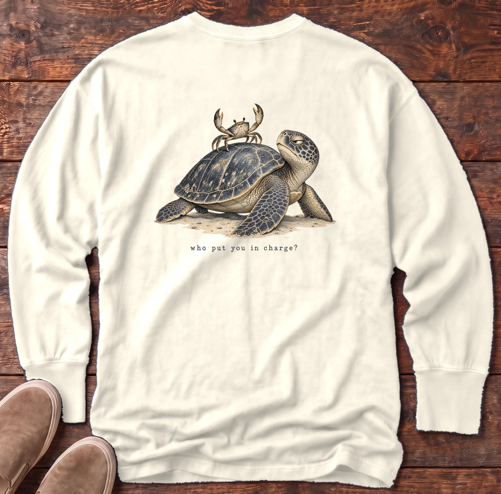 Who Put You in Charge? Sea Turtle Back Design Long Sleeve Tee Comfort Colors in Ivory, Salty Paws Comfort Colors Long Sleeve Tee, back design flat lay
