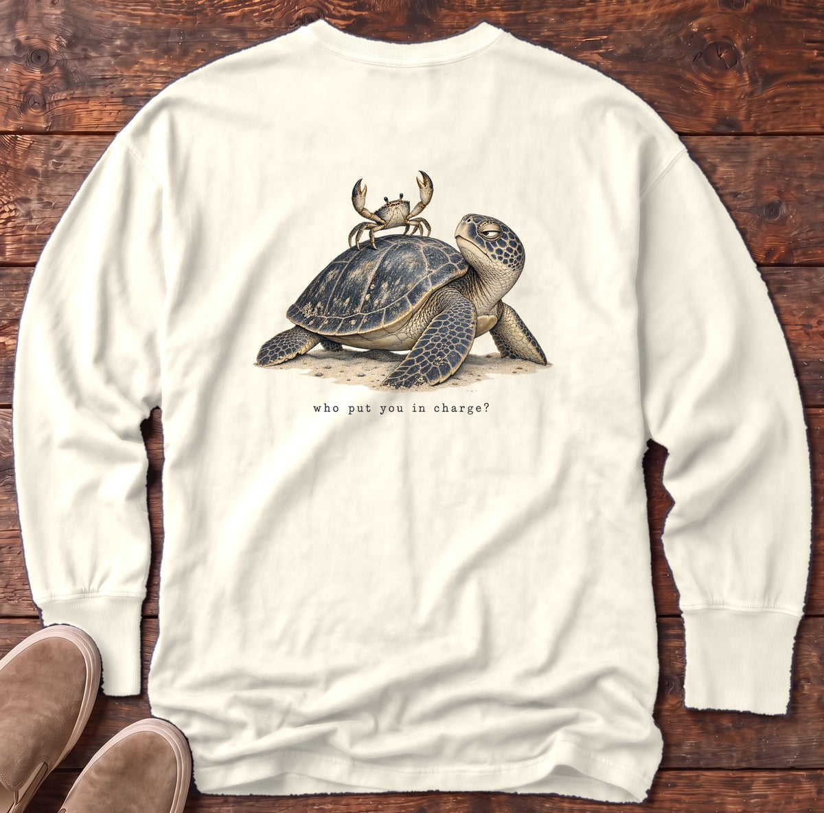 Who Put You in Charge? Sea Turtle Back Design Long Sleeve Tee Comfort Colors in Ivory, Salty Paws Comfort Colors Long Sleeve Tee, back design flat lay