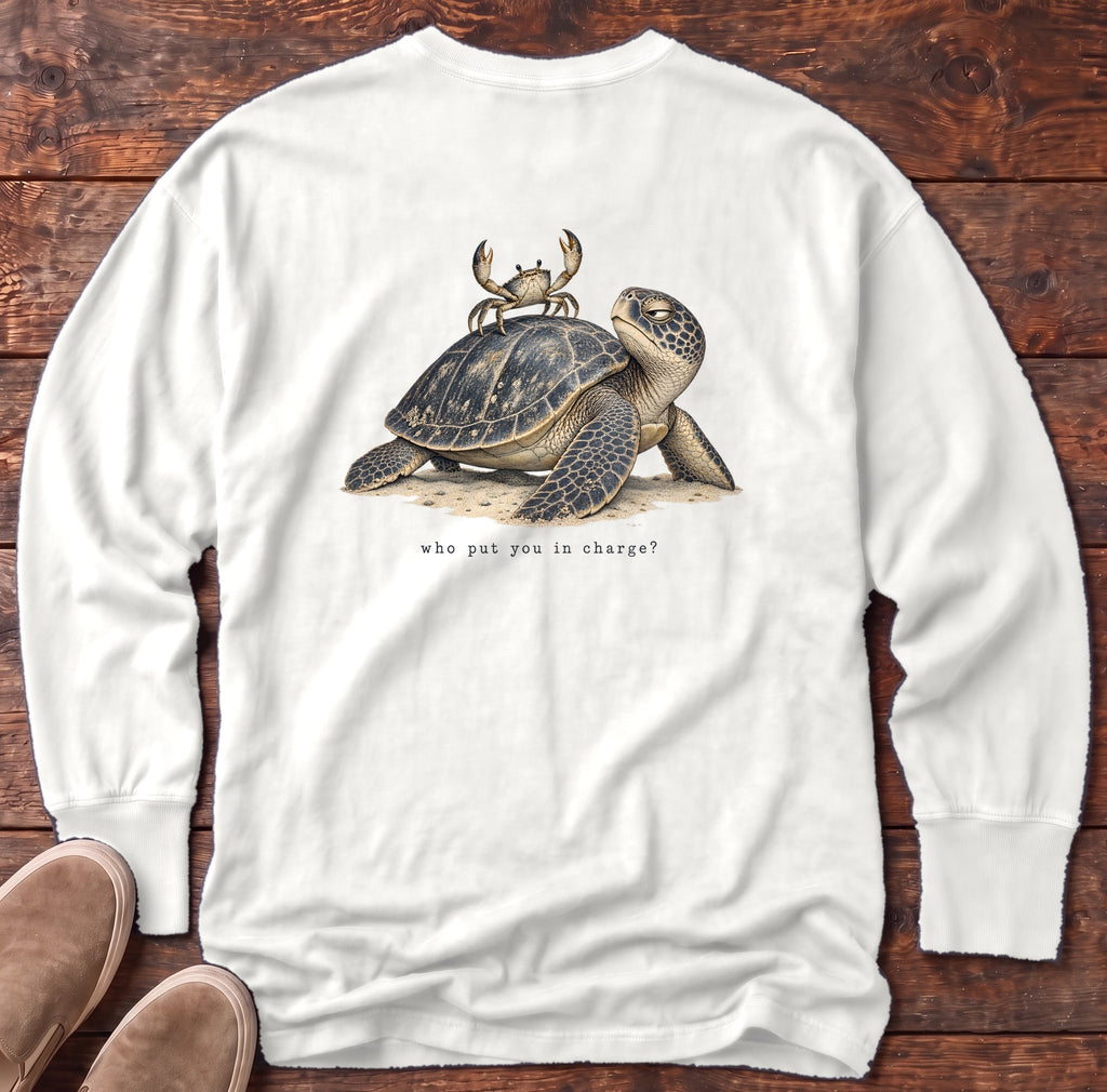 Who Put You in Charge? Sea Turtle Back Design Long Sleeve Tee Comfort Colors in White, Salty Paws Comfort Colors Long Sleeve Tee, back design flat lay