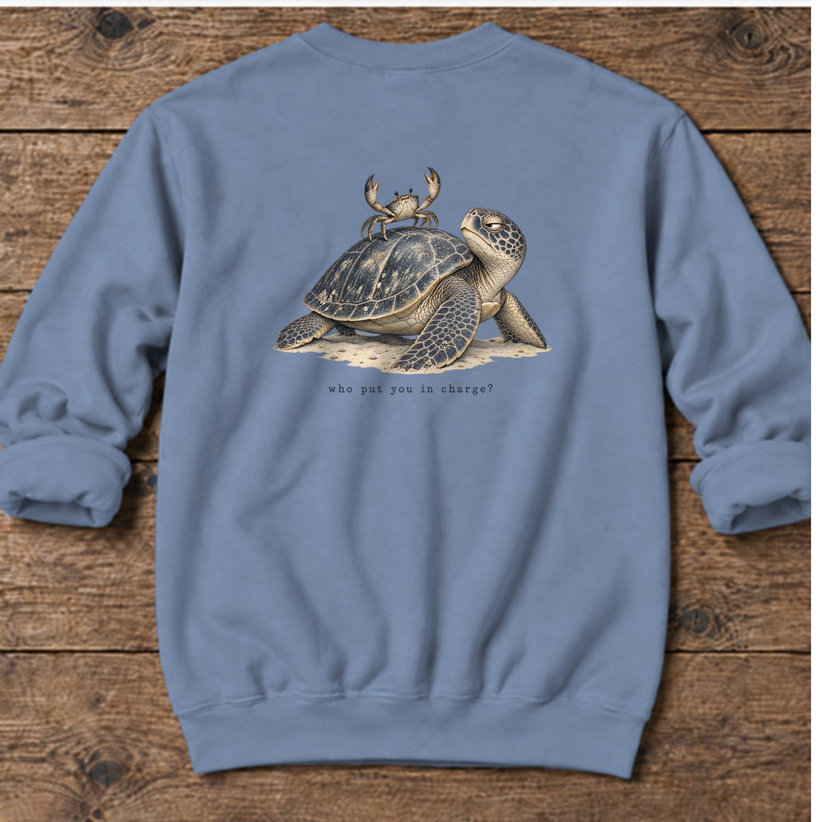 Who Put You in Charge? Sea Turtle Back Design Midweight Sweatshirt in Stone Blue, Salty Paws Midweight Sweatshirt, back design flat lay