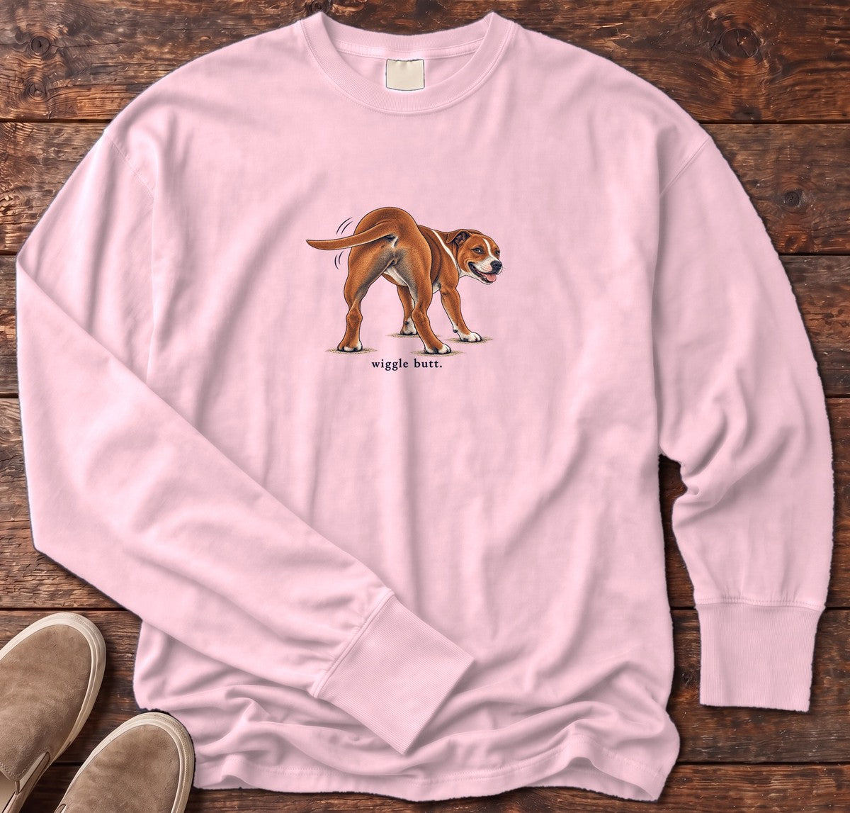Wiggle Butt Staffie Long Sleeve Tee in Blossom, Salty Paws Comfort Colors Long Sleeve Tee, front design flat lay