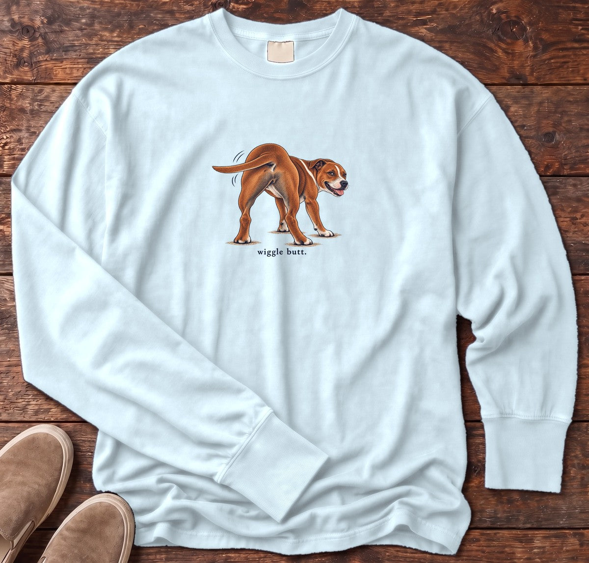 Wiggle Butt Staffie Long Sleeve Tee in Chambray, Salty Paws Comfort Colors Long Sleeve Tee, front design flat lay