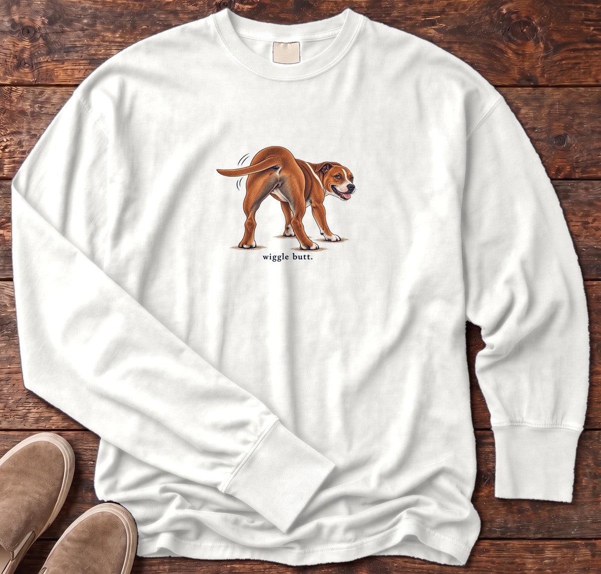 Wiggle Butt Staffie Long Sleeve Tee in White, Salty Paws Comfort Colors Long Sleeve Tee, front design flat lay