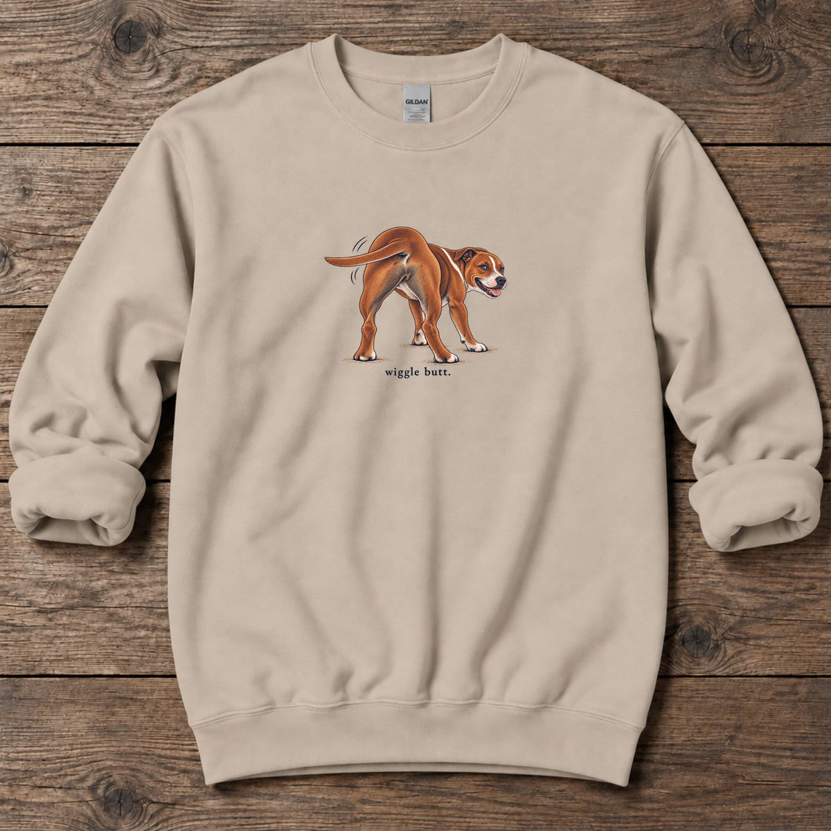 Wiggle Butt Staffie Midweight Sweatshirt in Sand, Salty Paws Midweight Sweatshirt, front design flat lay