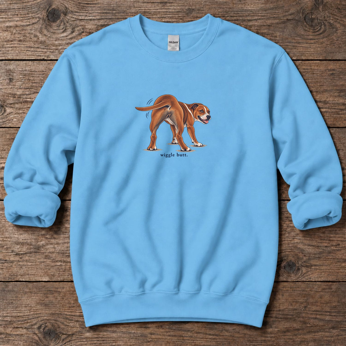 Wiggle Butt Staffie Midweight Sweatshirt in Sky, Salty Paws Midweight Sweatshirt, front design flat lay