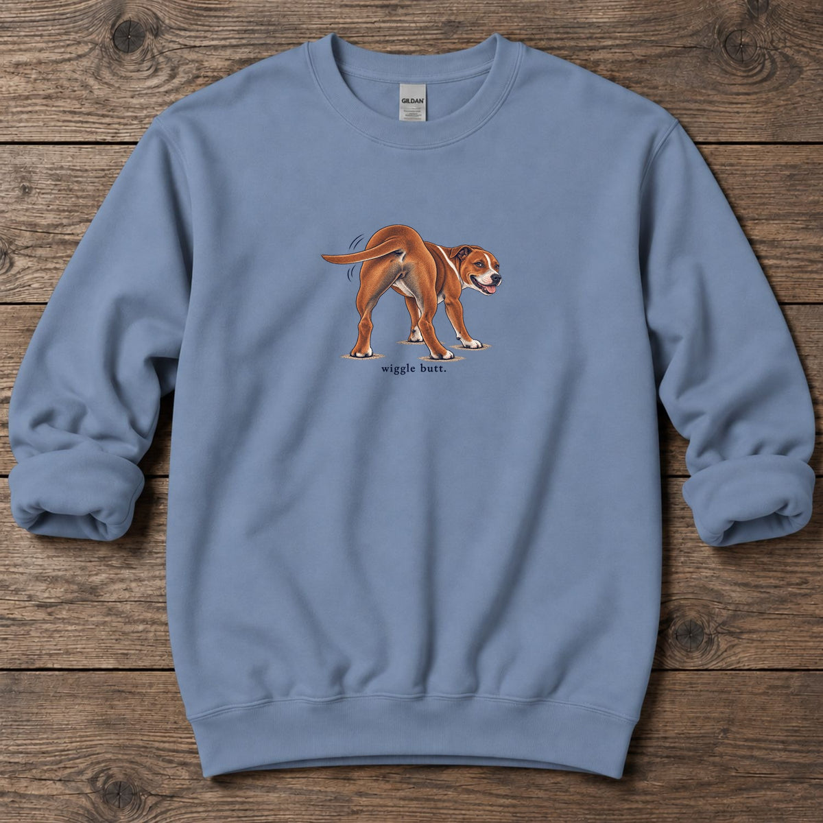 Wiggle Butt Staffie Midweight Sweatshirt in Stone Blue, Salty Paws Midweight Sweatshirt, front design flat lay