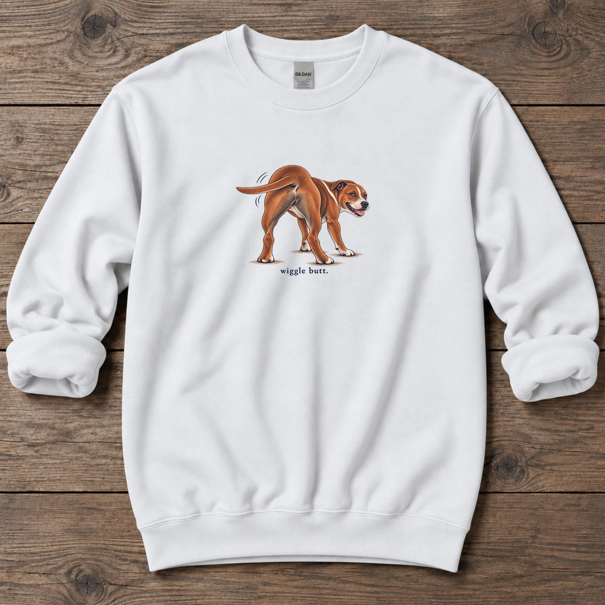 Wiggle Butt Staffie Midweight Sweatshirt in White, Salty Paws Midweight Sweatshirt, front design flat lay