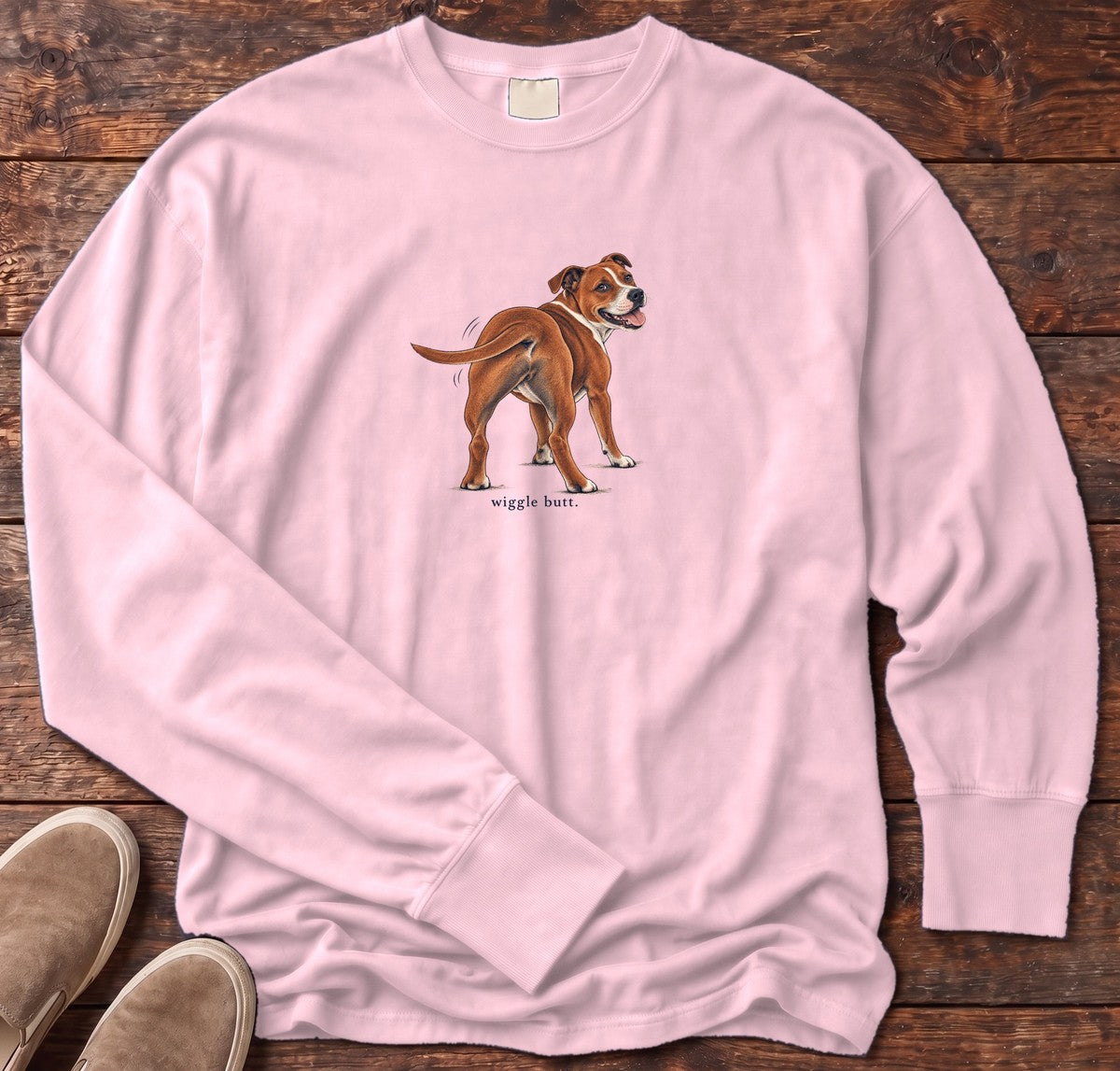 Wiggle Butt Staffordshire Terrier Long Sleeve Tee in Blossom, Salty Paws Comfort Colors Long Sleeve Tee, front design flat lay