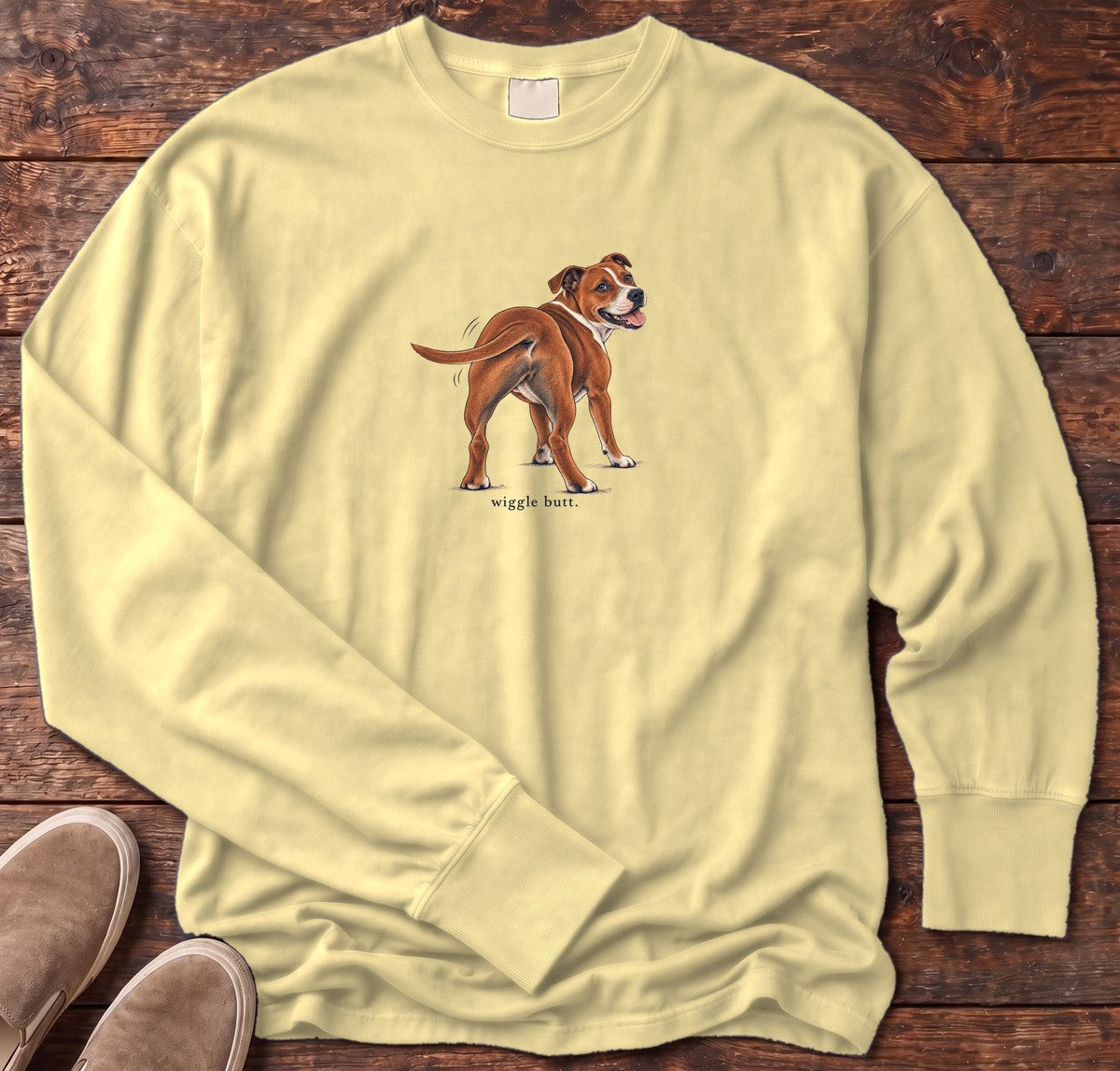 Wiggle Butt Staffordshire Terrier Long Sleeve Tee in Butter, Salty Paws Comfort Colors Long Sleeve Tee, front design flat lay