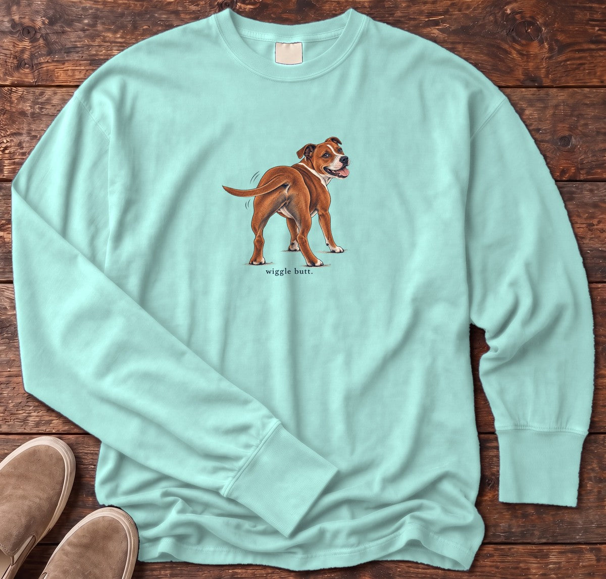 Wiggle Butt Staffordshire Terrier Long Sleeve Tee in Chalky Mint, Salty Paws Comfort Colors Long Sleeve Tee, front design flat lay