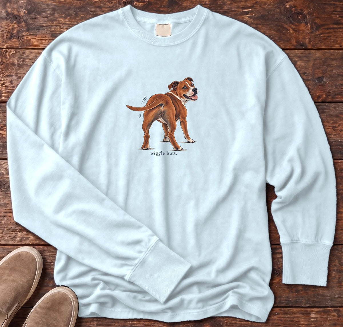 Wiggle Butt Staffordshire Terrier Long Sleeve Tee in Chambray, Salty Paws Comfort Colors Long Sleeve Tee, front design flat lay