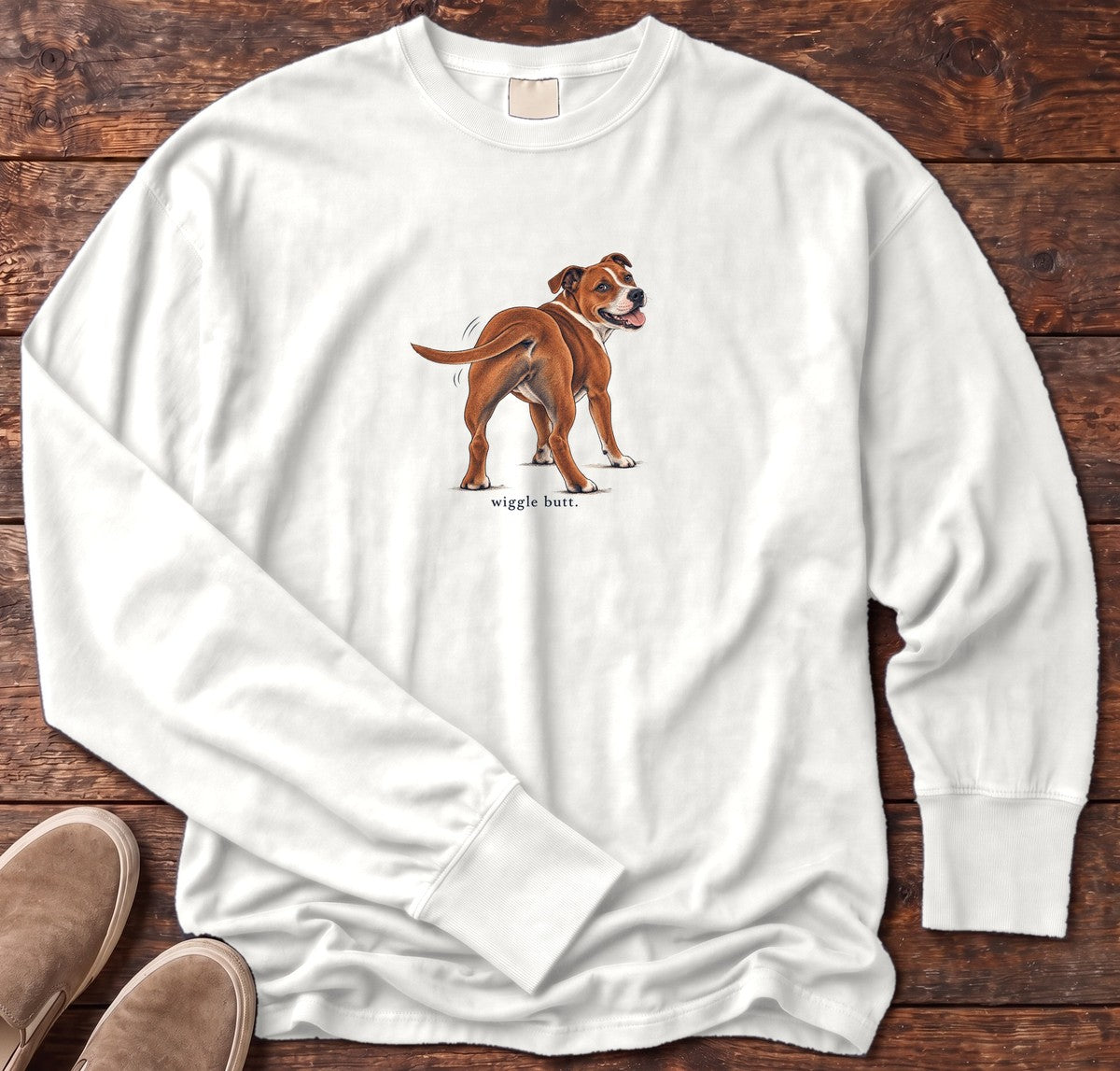 Wiggle Butt Staffordshire Terrier Long Sleeve Tee in White, Salty Paws Comfort Colors Long Sleeve Tee, front design flat lay