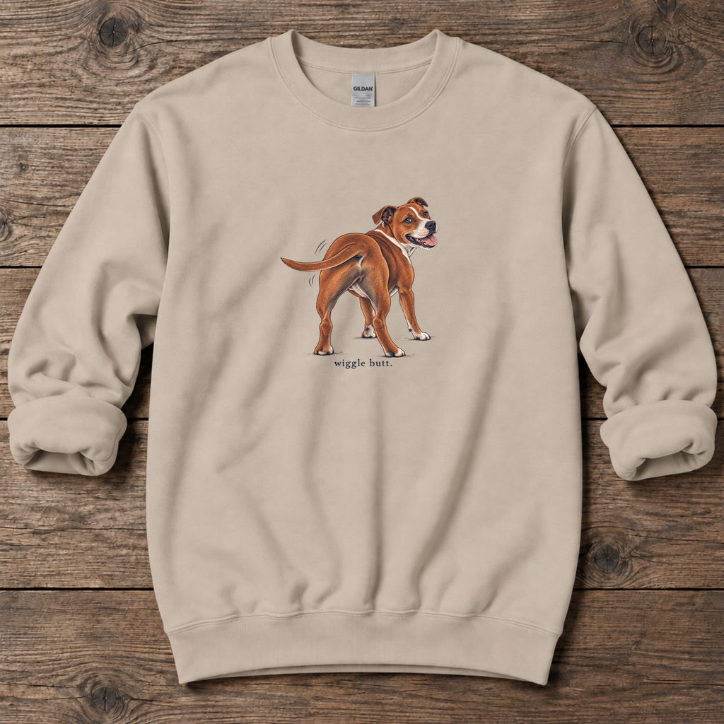 Wiggle Butt Staffordshire Terrier Midweight Sweatshirt in Sand, Salty Paws Midweight Sweatshirt, front design flat lay