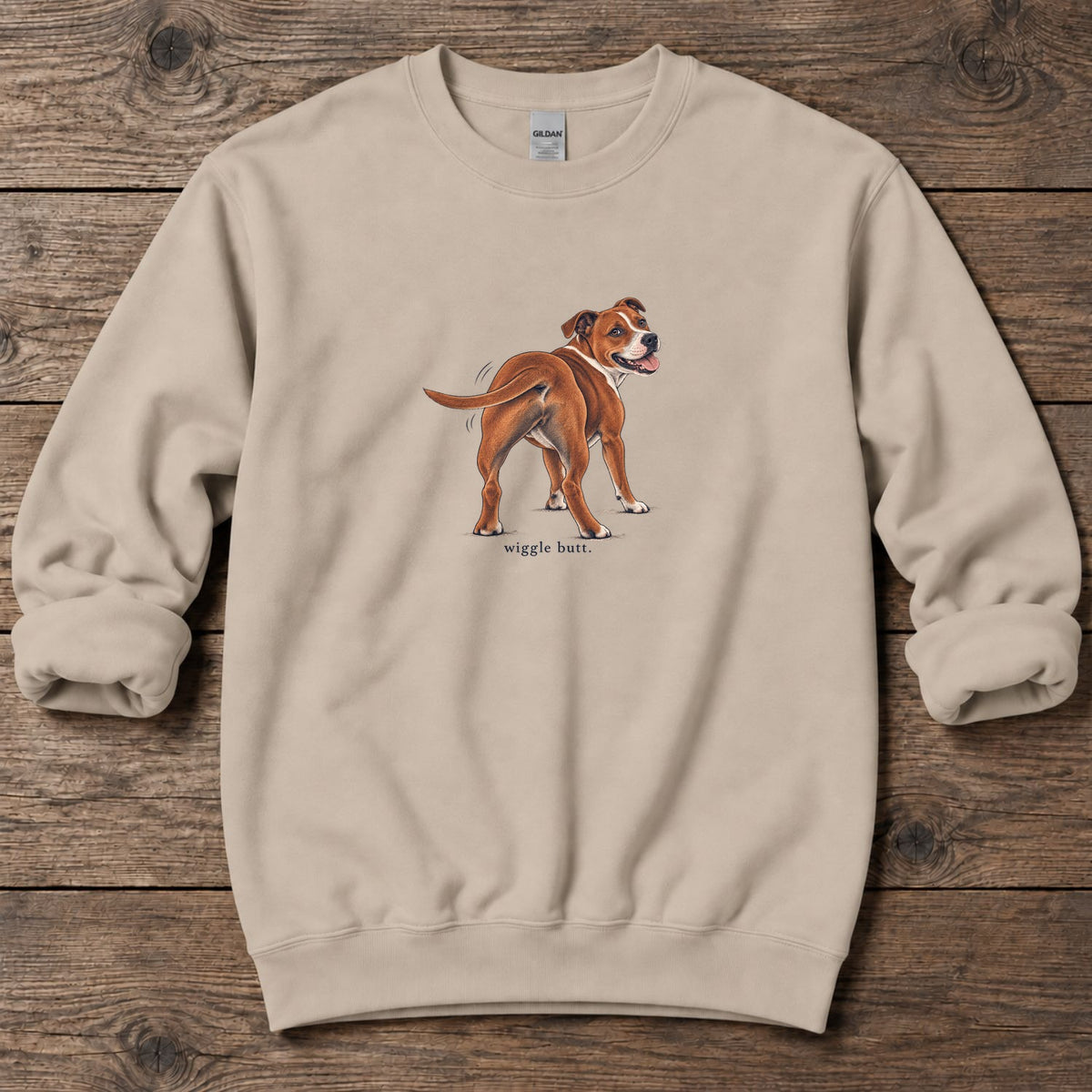 Wiggle Butt Staffordshire Terrier Midweight Sweatshirt in Sand, Salty Paws Midweight Sweatshirt, front design flat lay