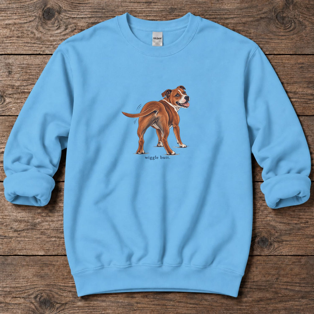 Wiggle Butt Staffordshire Terrier Midweight Sweatshirt in Sky, Salty Paws Midweight Sweatshirt, front design flat lay