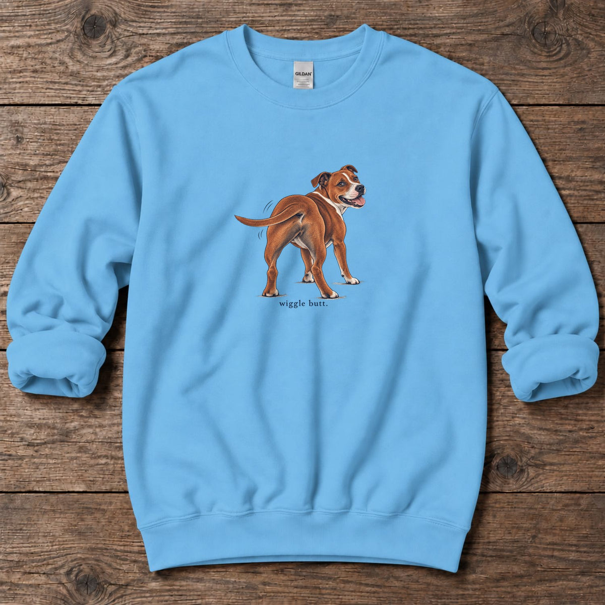 Wiggle Butt Staffordshire Terrier Midweight Sweatshirt in Sky, Salty Paws Midweight Sweatshirt, front design flat lay