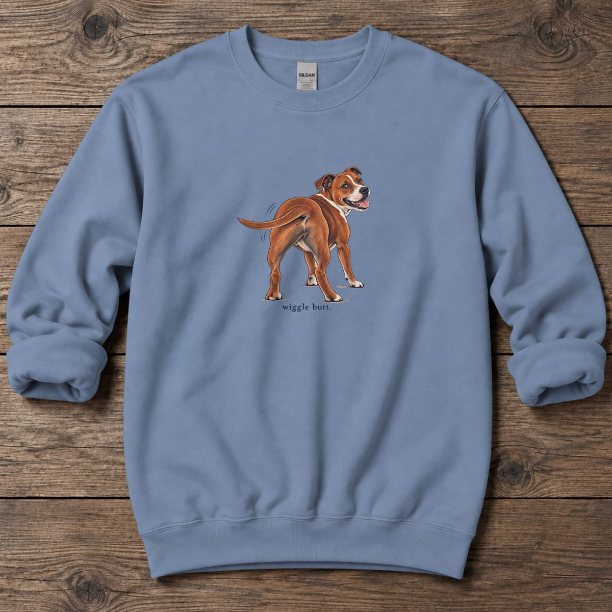 Wiggle Butt Staffordshire Terrier Midweight Sweatshirt in Stone Blue, Salty Paws Midweight Sweatshirt, front design flat lay