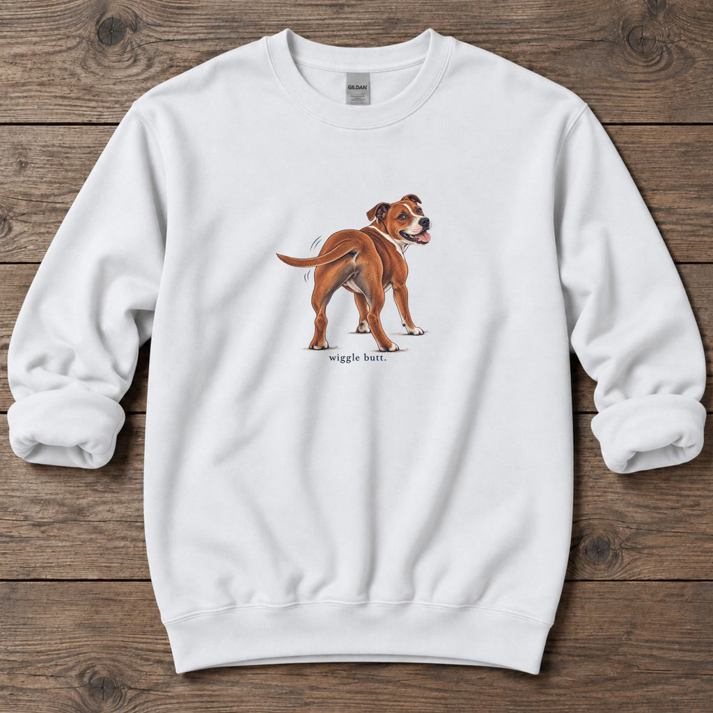 Wiggle Butt Staffordshire Terrier Midweight Sweatshirt in White, Salty Paws Midweight Sweatshirt, front design flat lay